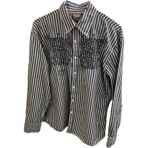 ROAR Gray Striped Embroidered Long Sleeve Cotton Button Shirt Men's XXL 2X
